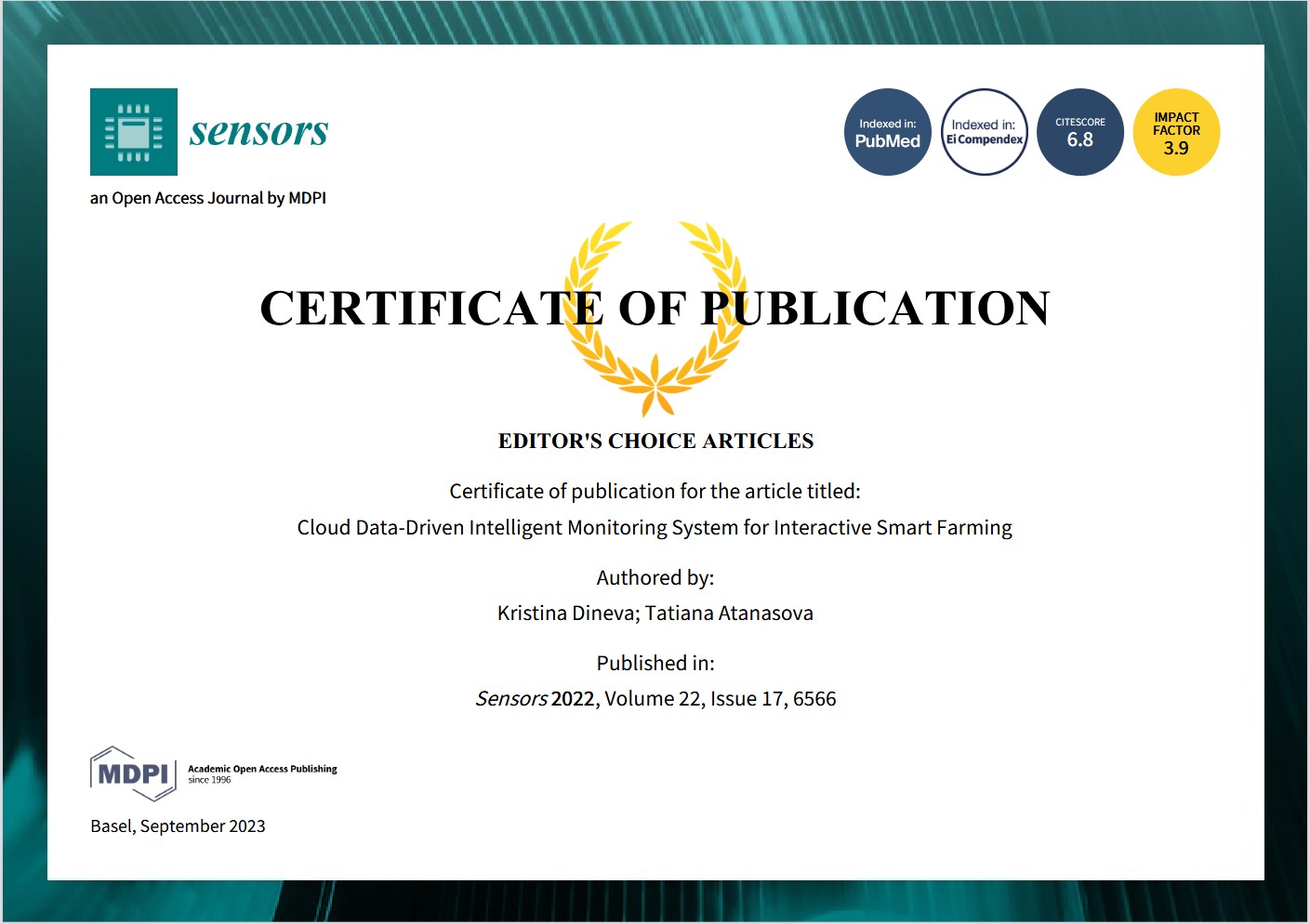 Editor's Choice сертификат – Sensors